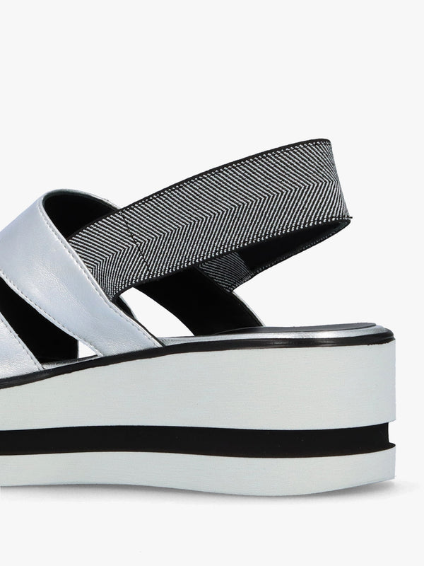 Slinger Silver Leather Low Wedge Sandals