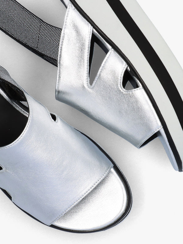 Slinger Silver Leather Low Wedge Sandals