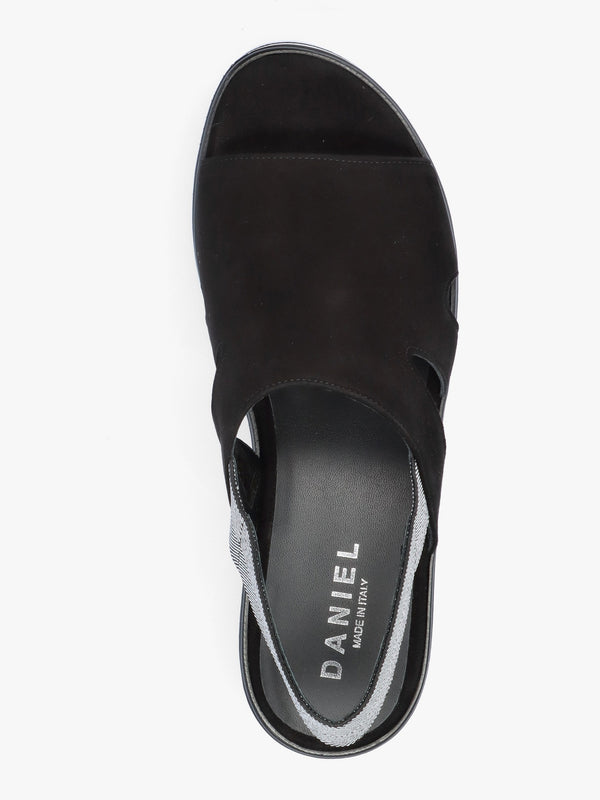 Slinger Black Suede Low Wedge Sandals