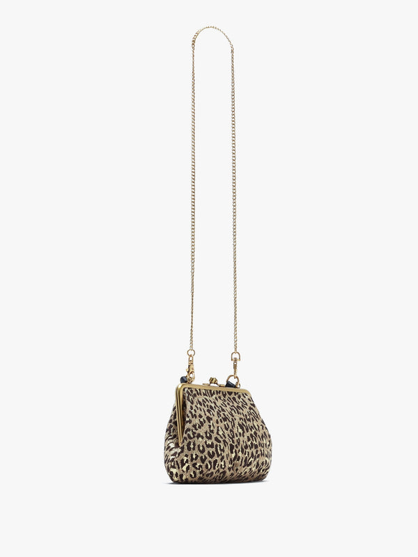 Granny Frame Vegan Brown Leopard Lurex Purse On A Chain