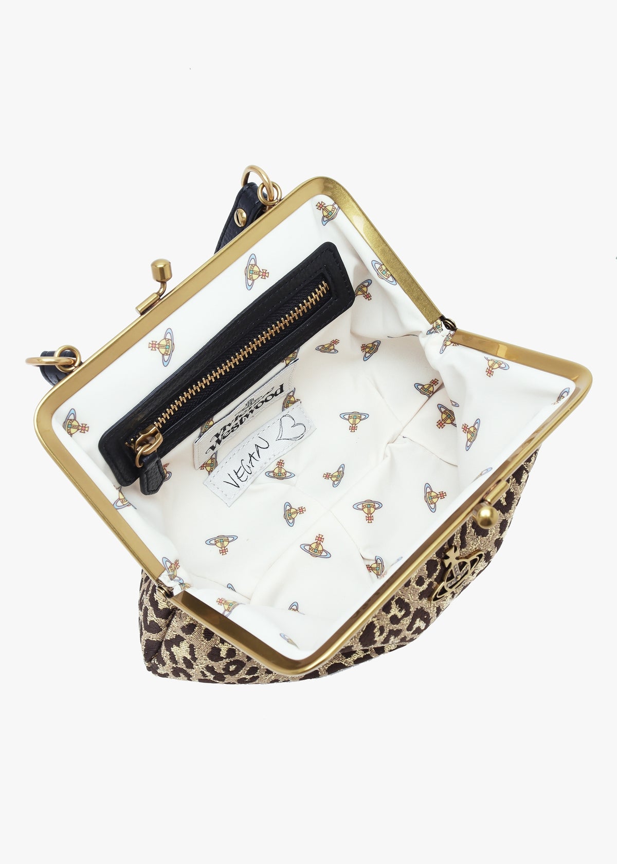 Granny Frame Vegan Brown Leopard Lurex Purse On A Chain
