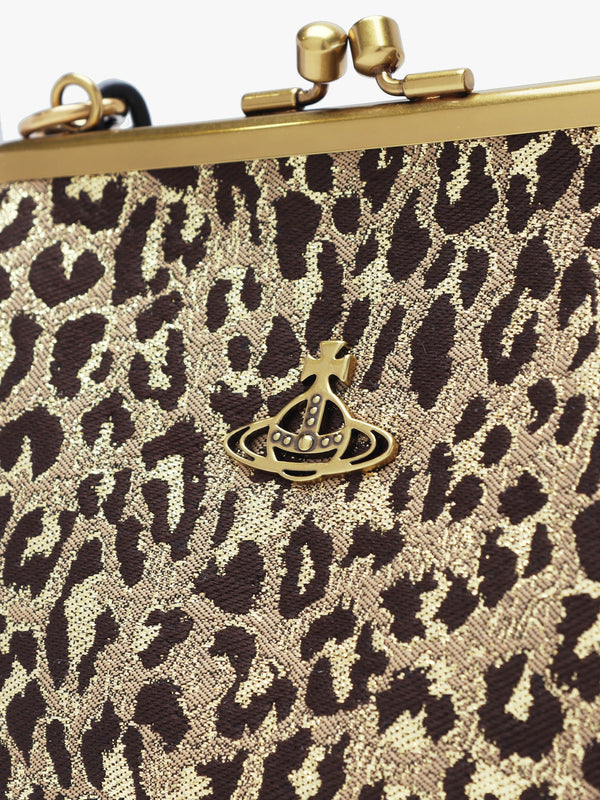 Granny Frame Vegan Brown Leopard Lurex Purse On A Chain