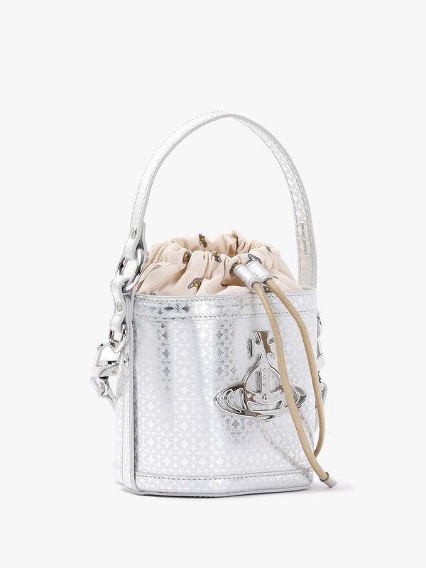Daisy Silver Leather Drawstring Bucket Bag
