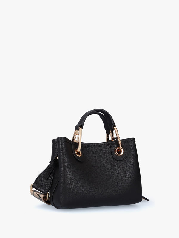 Black Pebbled Logo Strap Tote Bag