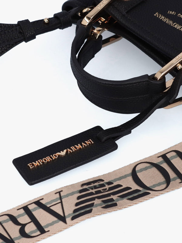 Black Pebbled Logo Strap Tote Bag