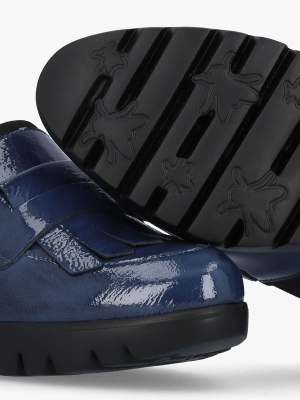 Kenai Navy Patent Leather Low Wedge Loafers