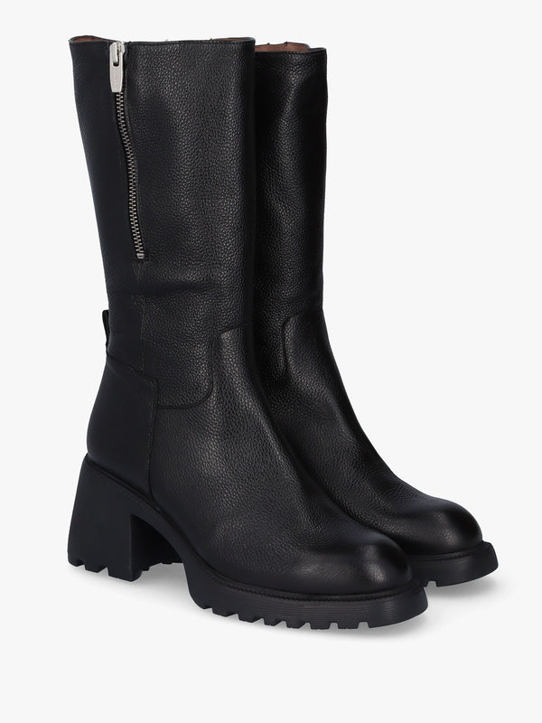 Neo Black Leather Block Heel Calf Boots
