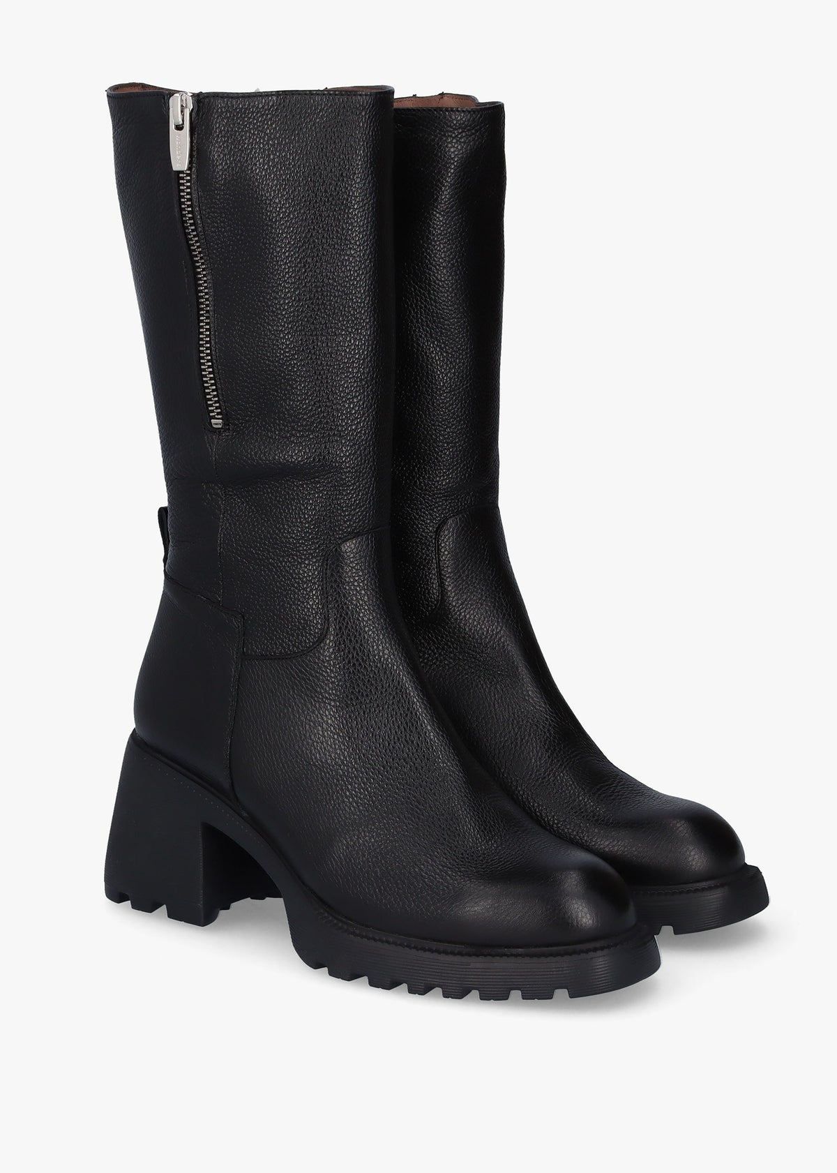 Neo Black Leather Block Heel Calf Boots