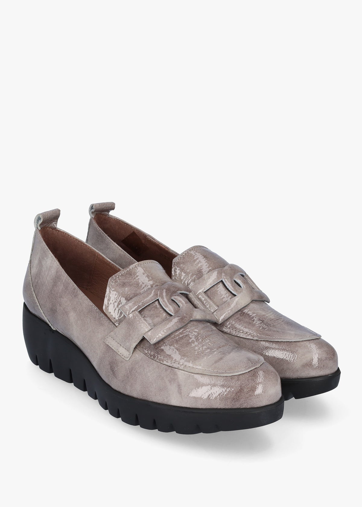 Rings Grey Patent Leather Low Wedge Loafers