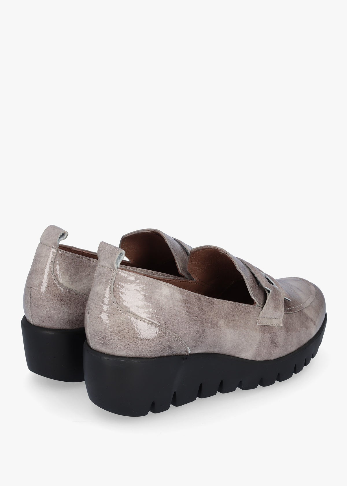 Rings Grey Patent Leather Low Wedge Loafers
