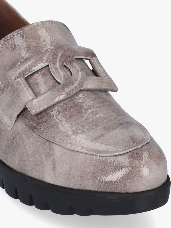 Rings Grey Patent Leather Low Wedge Loafers