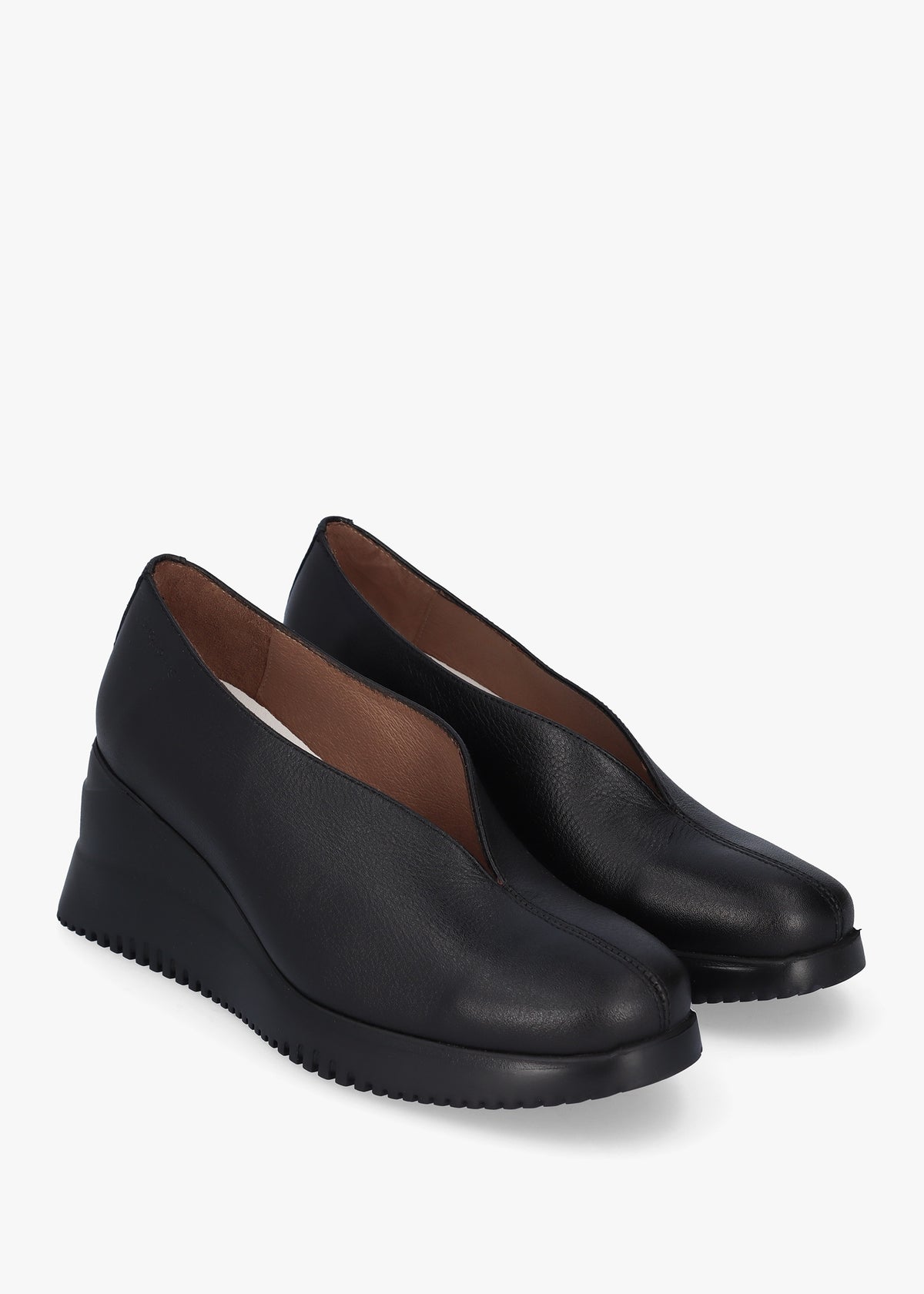 Water Black Leather V Font Wedge Court Shoes
