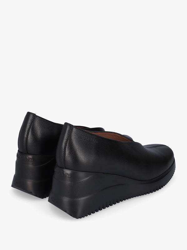 Water Black Leather V Font Wedge Court Shoes