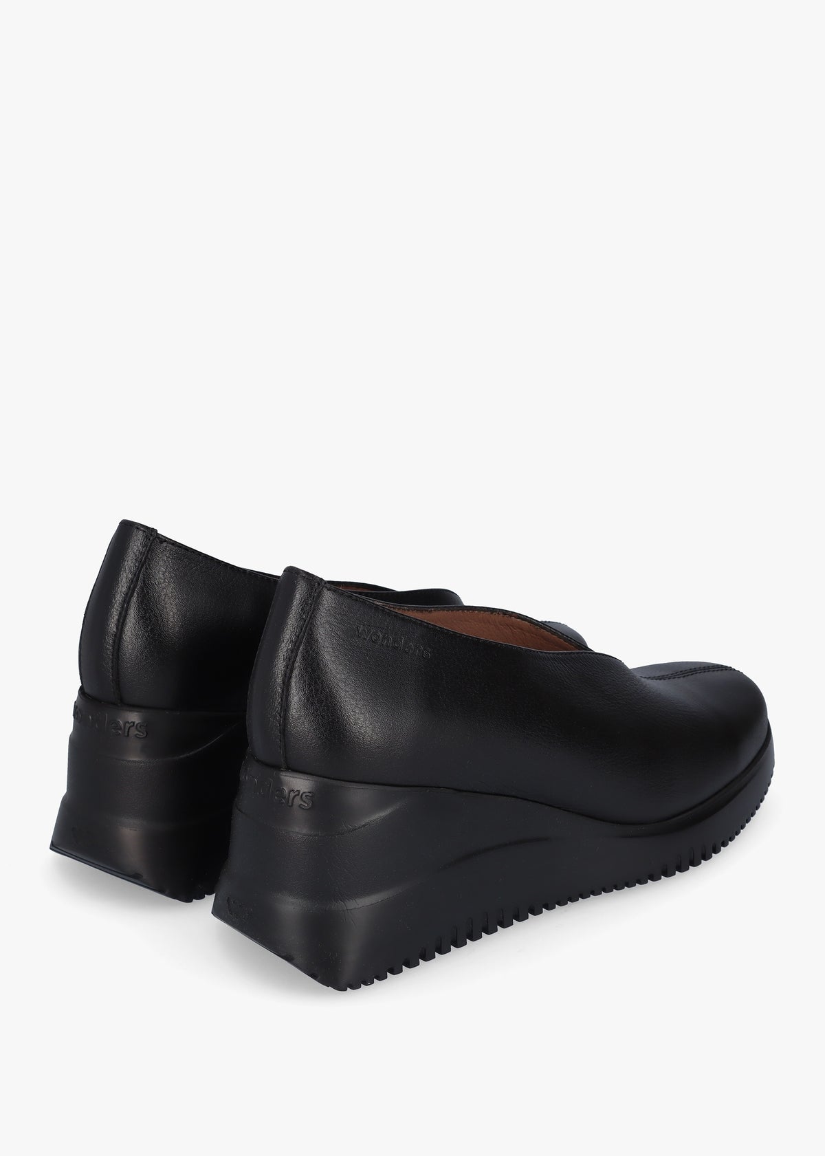 Water Black Leather V Font Wedge Court Shoes