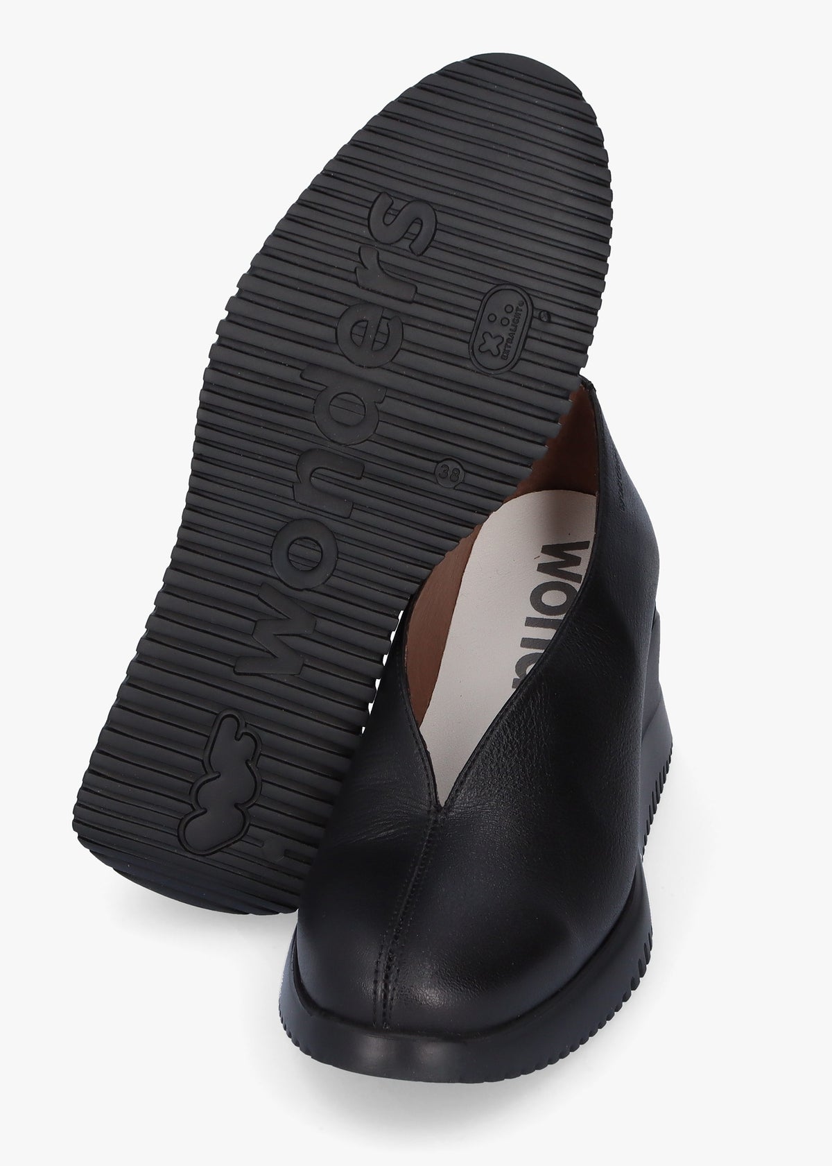 Water Black Leather V Font Wedge Court Shoes