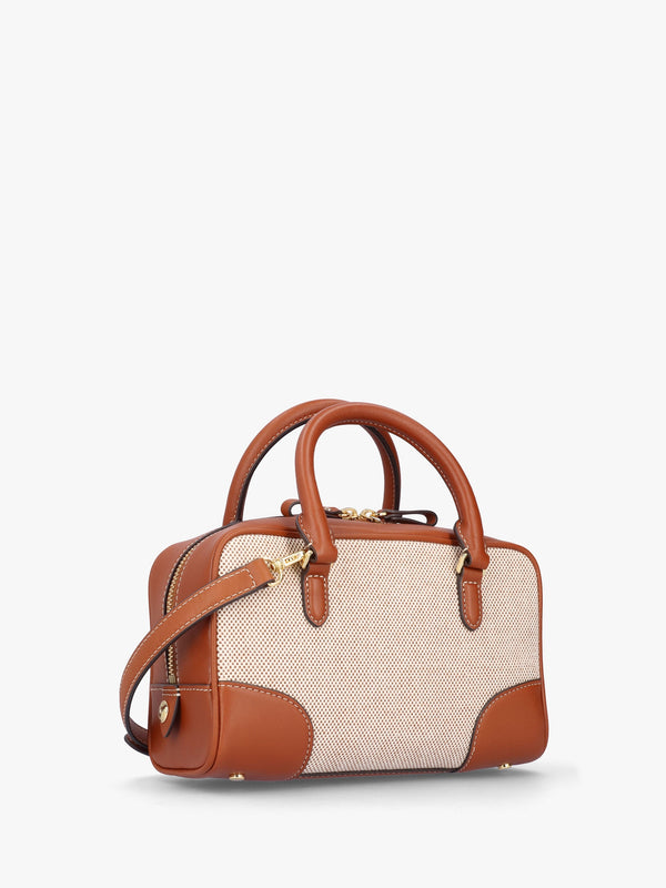 Small Emerie Tan Lauren Canvas & Leather Satchel Bag