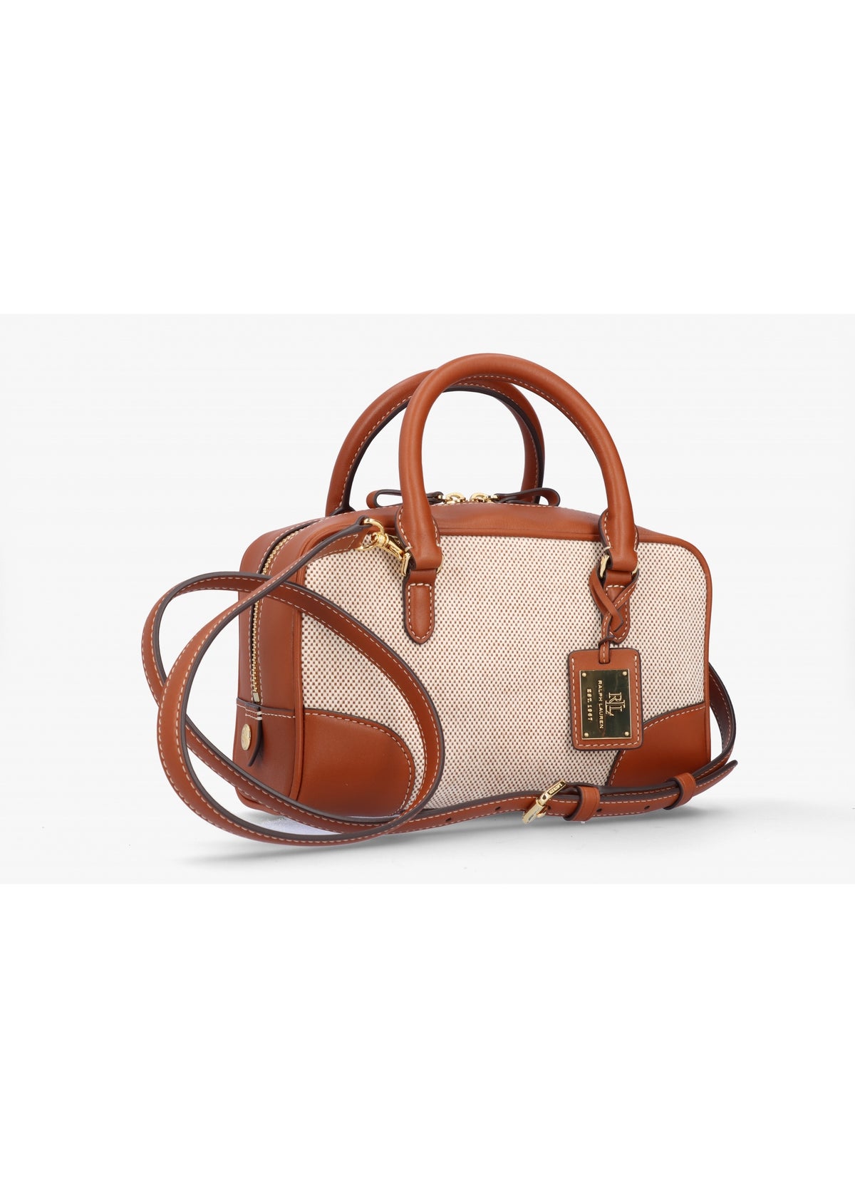 Small Emerie Tan Lauren Canvas & Leather Satchel Bag