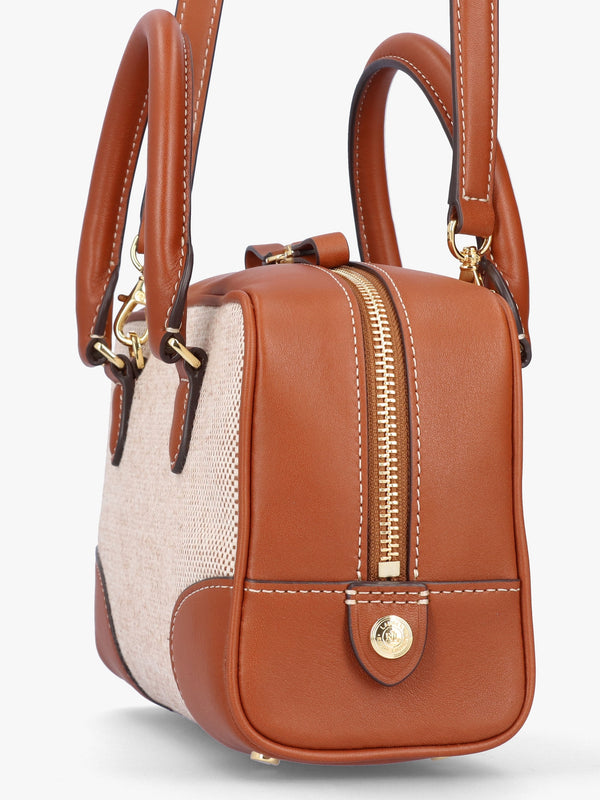 Small Emerie Tan Lauren Canvas & Leather Satchel Bag