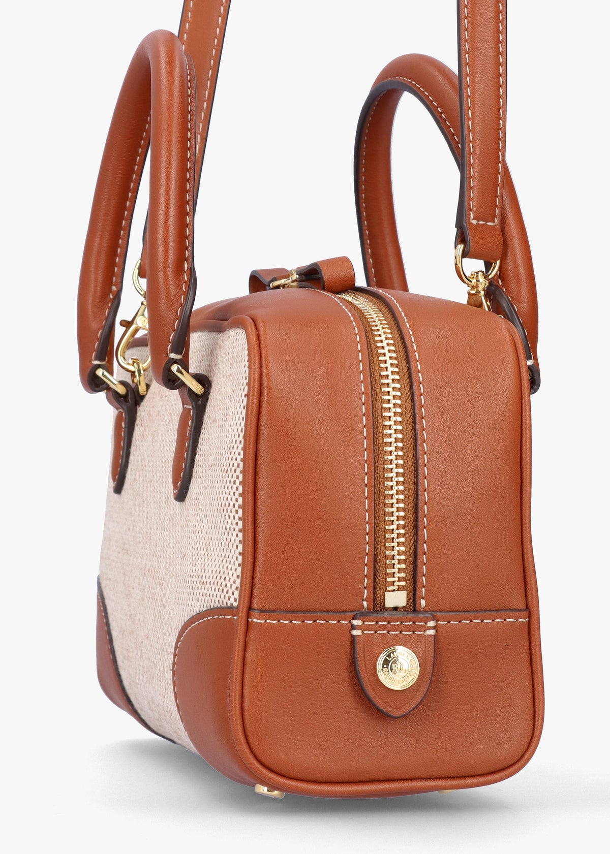 Small Emerie Tan Lauren Canvas & Leather Satchel Bag