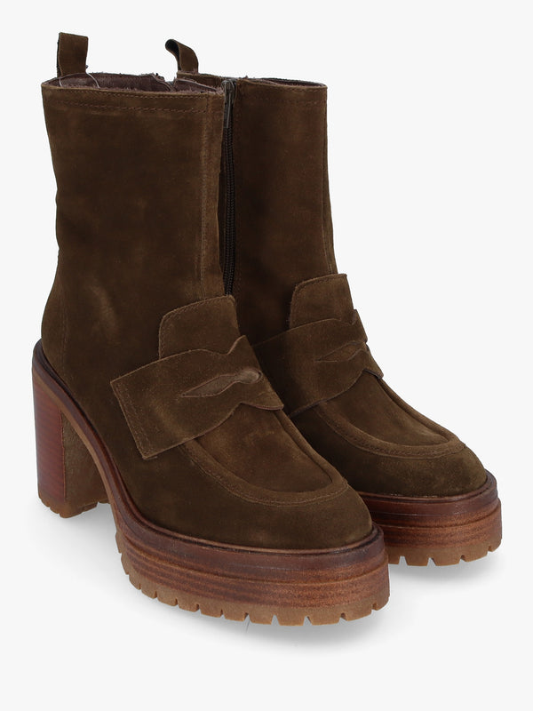 Carthage Khaki Suede Platform Block Heel Ankle Boots