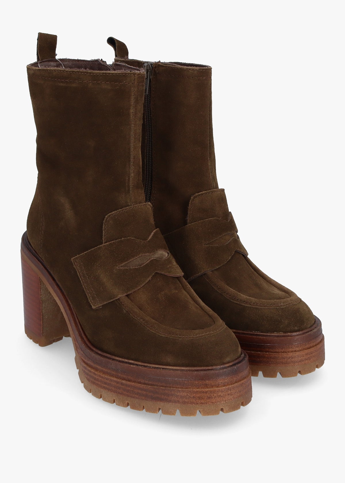 Carthage Khaki Suede Platform Block Heel Ankle Boots