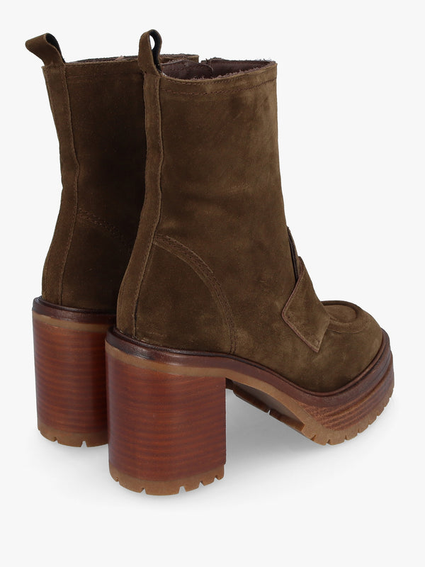 Carthage Khaki Suede Platform Block Heel Ankle Boots
