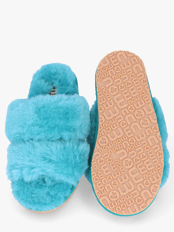 Two Stripes Blue Sheepskin Slippers