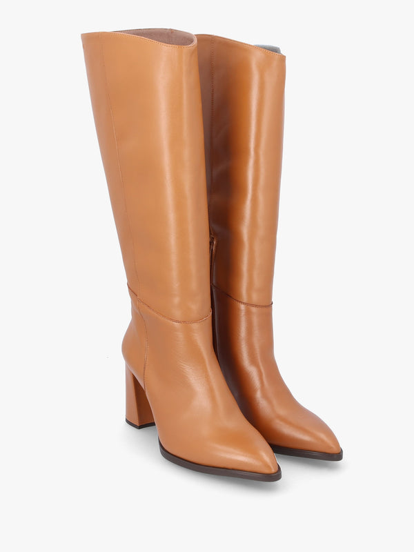 Eric Camel Leather Block Heel Knee Boots