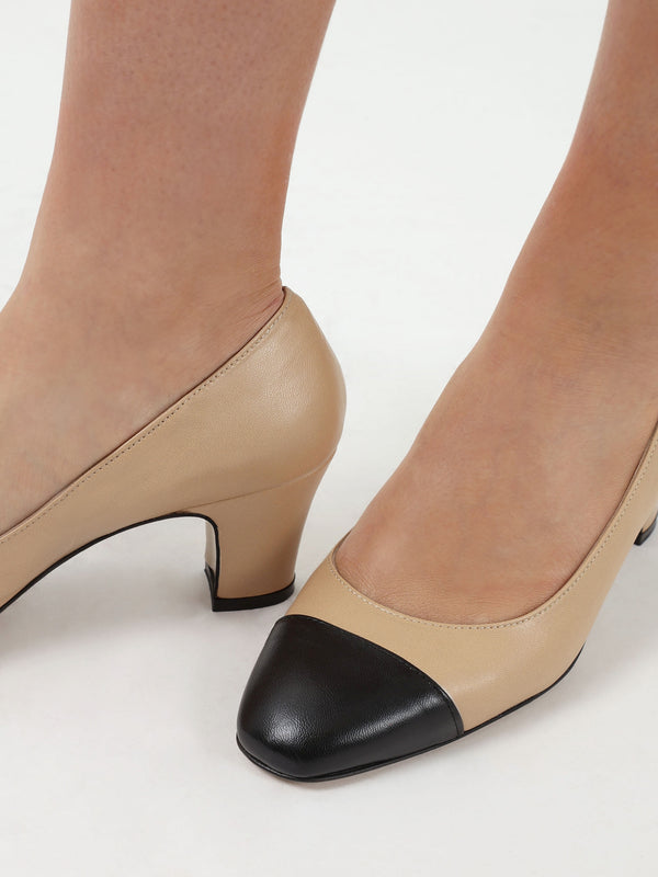 Akuna Beige Leather Block Heel Court Shoes
