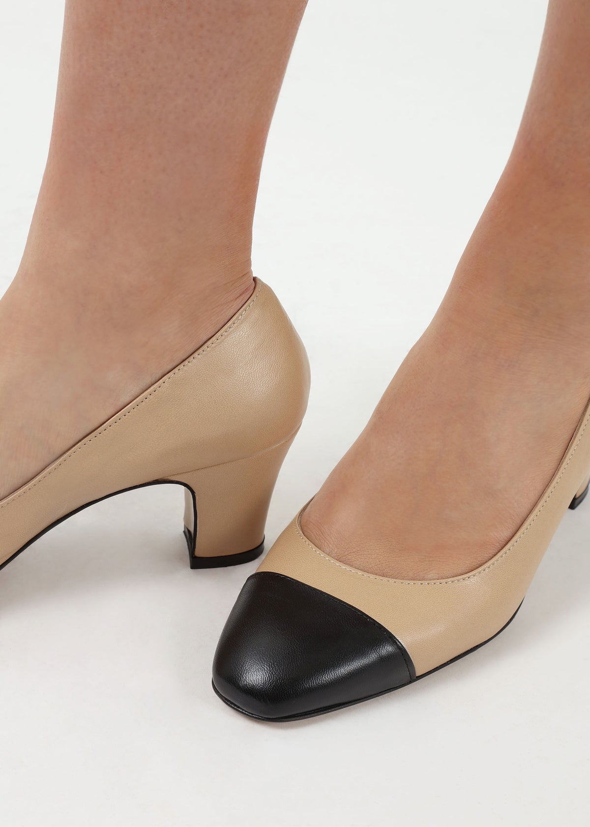 Akuna Beige Leather Block Heel Court Shoes