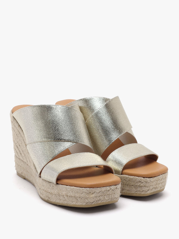Khloe Gold Cross Strap Wedge Espadrille Mules