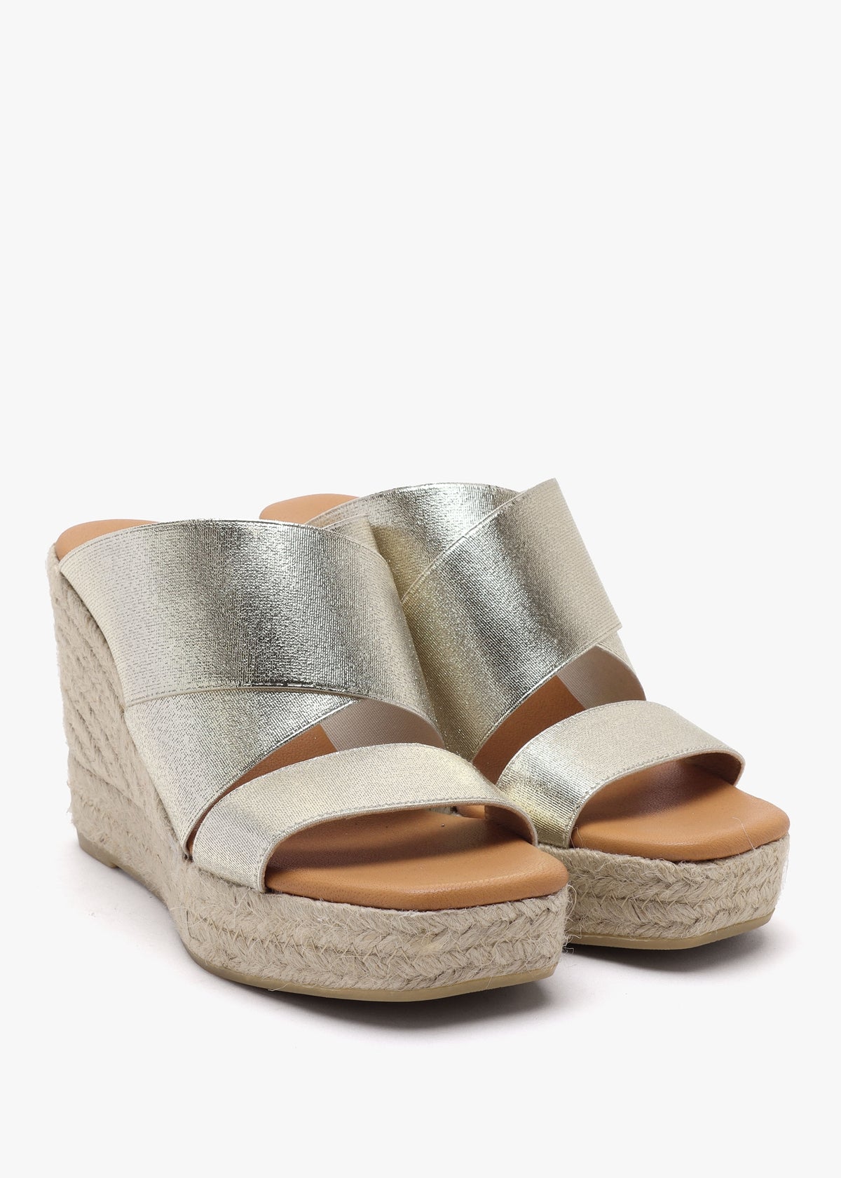 Khloe Gold Cross Strap Wedge Espadrille Mules