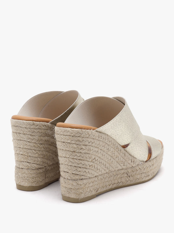 Khloe Gold Cross Strap Wedge Espadrille Mules