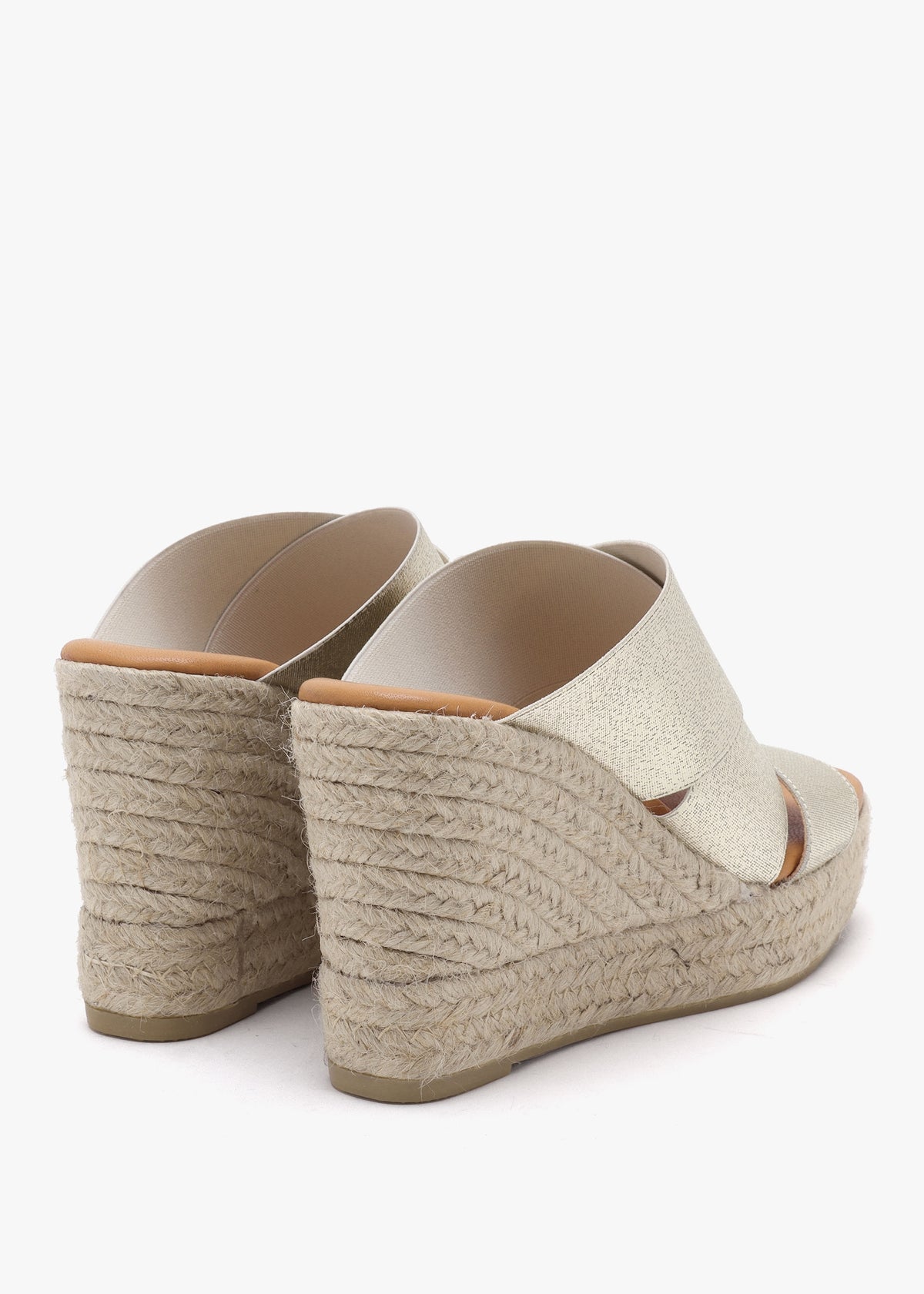 Khloe Gold Cross Strap Wedge Espadrille Mules