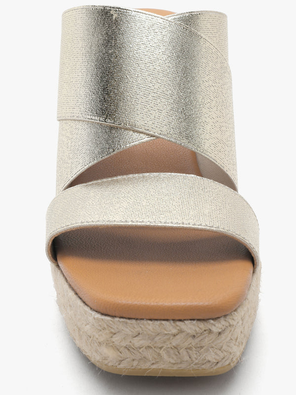 Khloe Gold Cross Strap Wedge Espadrille Mules