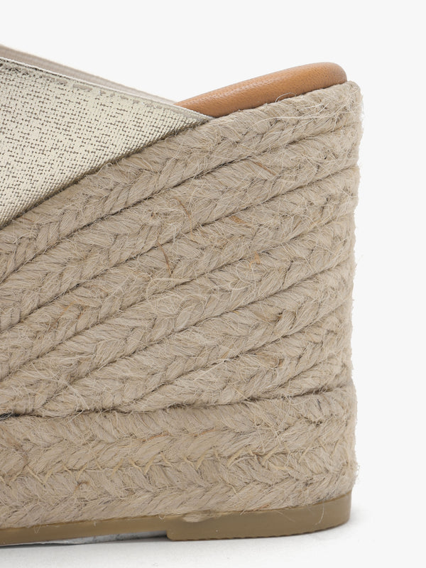 Khloe Gold Cross Strap Wedge Espadrille Mules