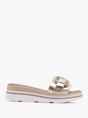 Recrys Gold Leather Embellished Flat Mules