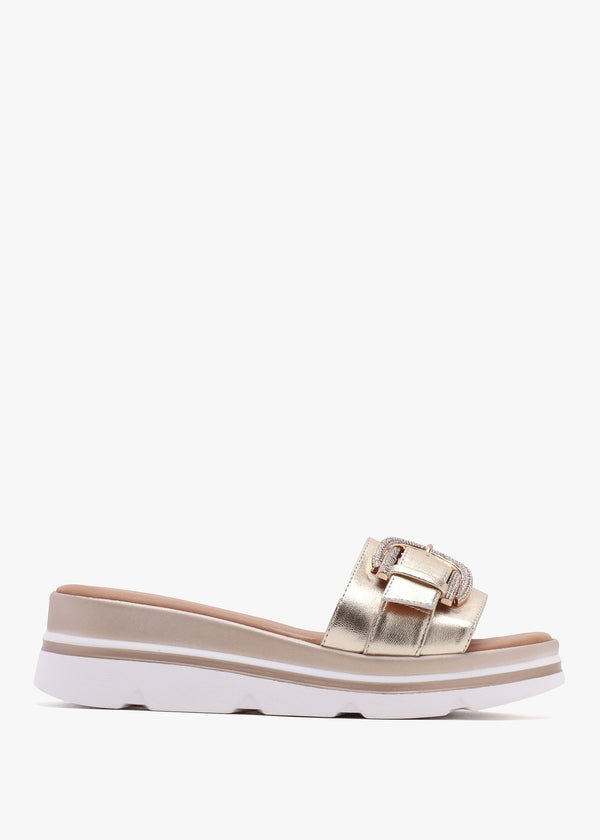 Recrys Gold Leather Embellished Flat Mules