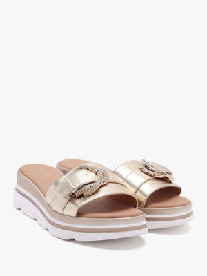 Recrys Gold Leather Embellished Flat Mules