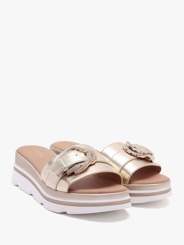Recrys Gold Leather Embellished Flat Mules