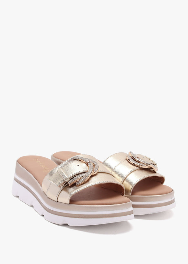 Recrys Gold Leather Embellished Flat Mules