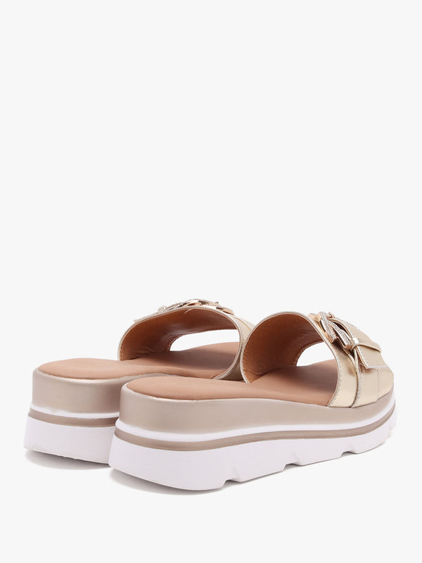 Recrys Gold Leather Embellished Flat Mules