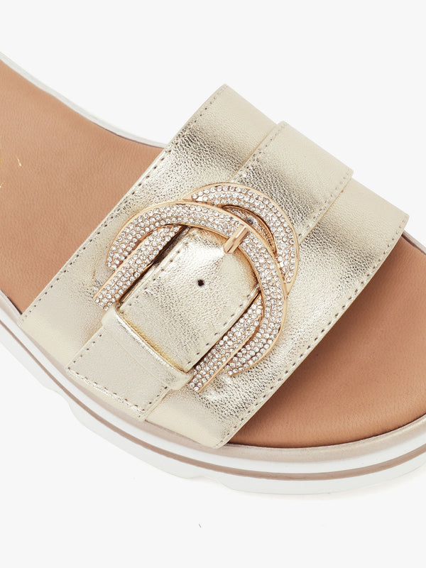 Recrys Gold Leather Embellished Flat Mules