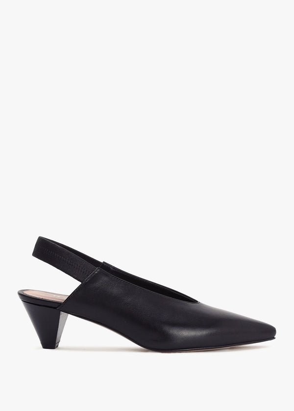 Sani Black Leather Pointed Almond Toe Heeled Sling Backs