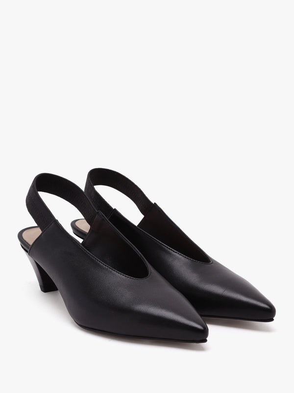 Sani Black Leather Pointed Almond Toe Heeled Sling Backs