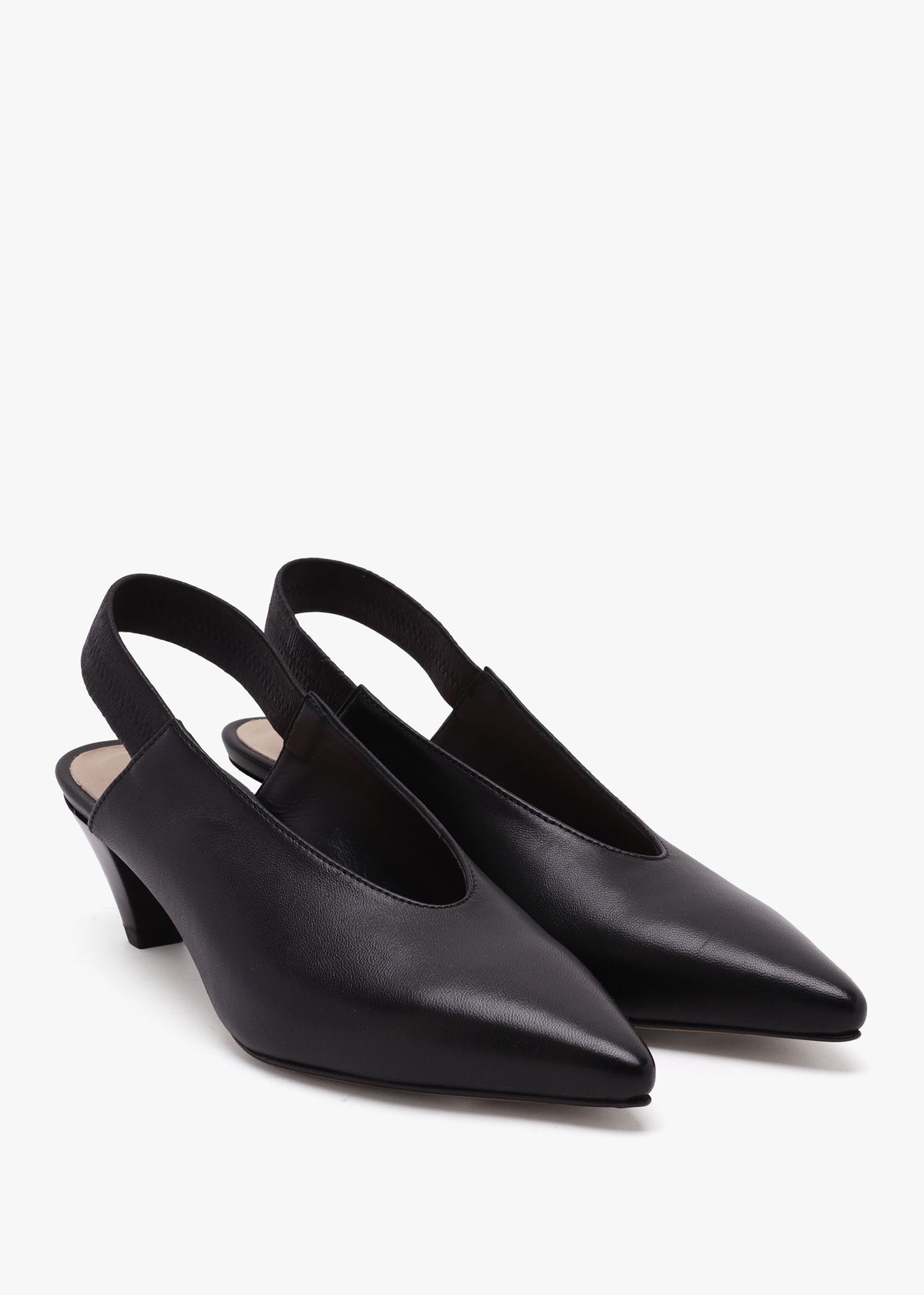 Sani Black Leather Pointed Almond Toe Heeled Sling Backs