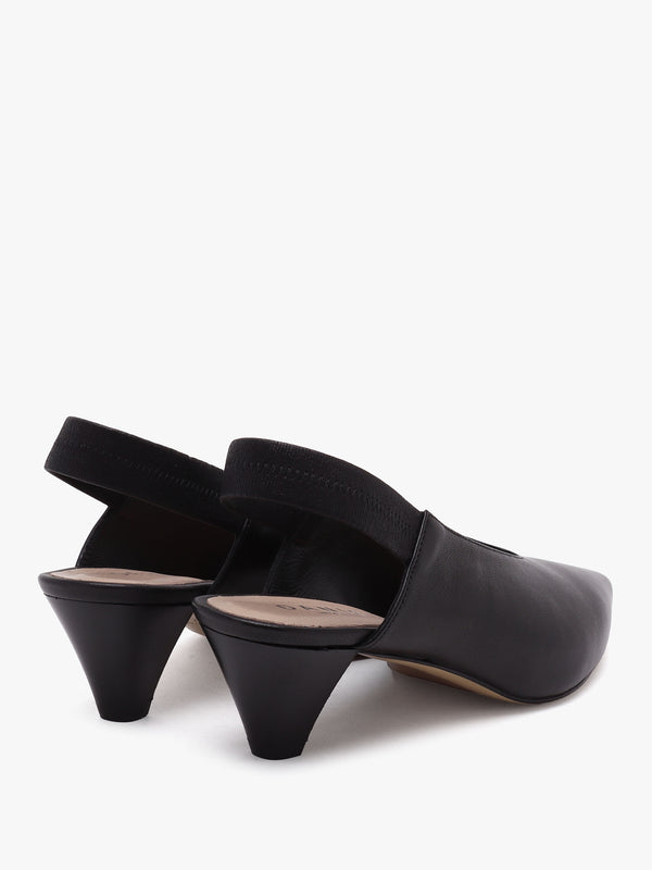 Sani Black Leather Pointed Almond Toe Heeled Sling Backs