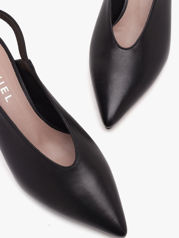 Sani Black Leather Pointed Almond Toe Heeled Sling Backs