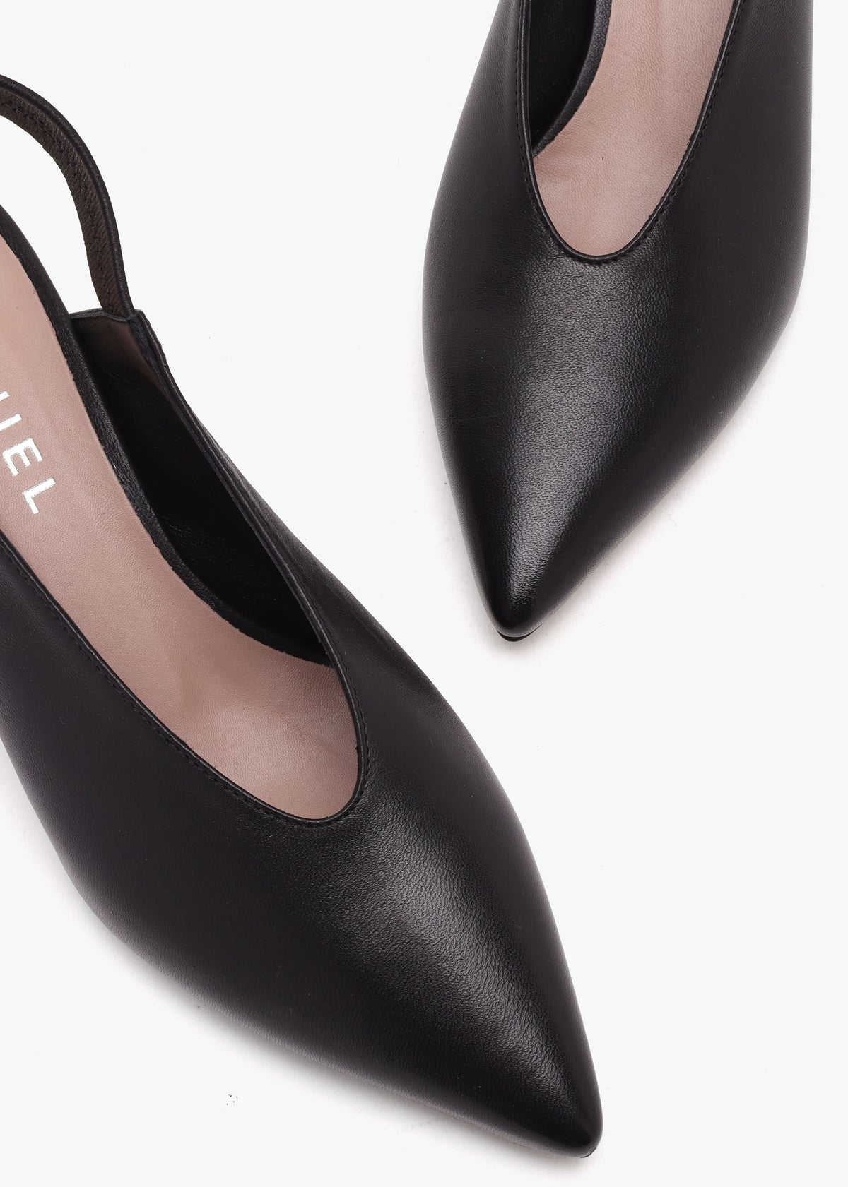 Sani Black Leather Pointed Almond Toe Heeled Sling Backs