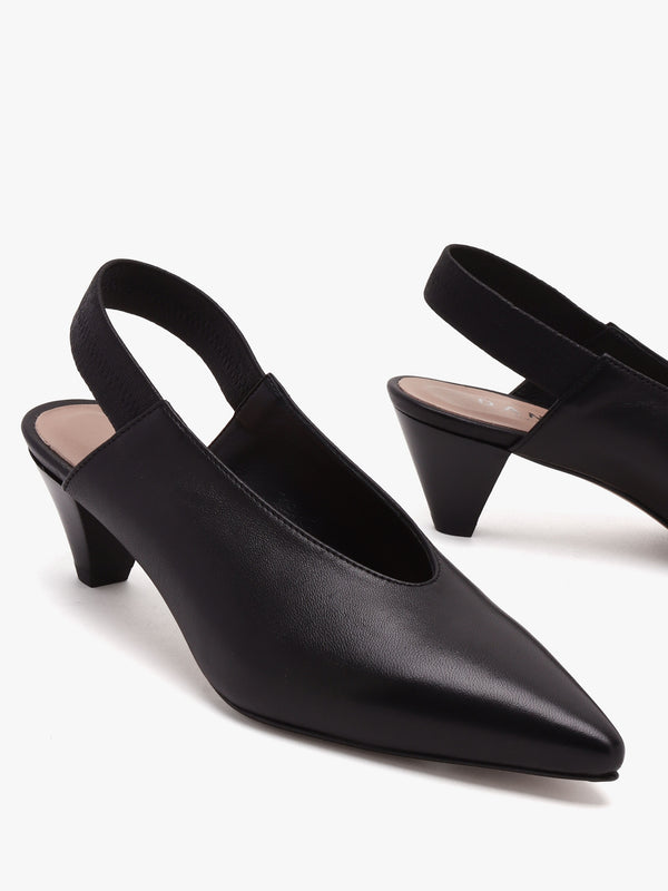 Sani Black Leather Pointed Almond Toe Heeled Sling Backs
